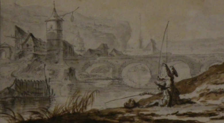 Détail : les pêcheurs sur la berge, le pont au second plan